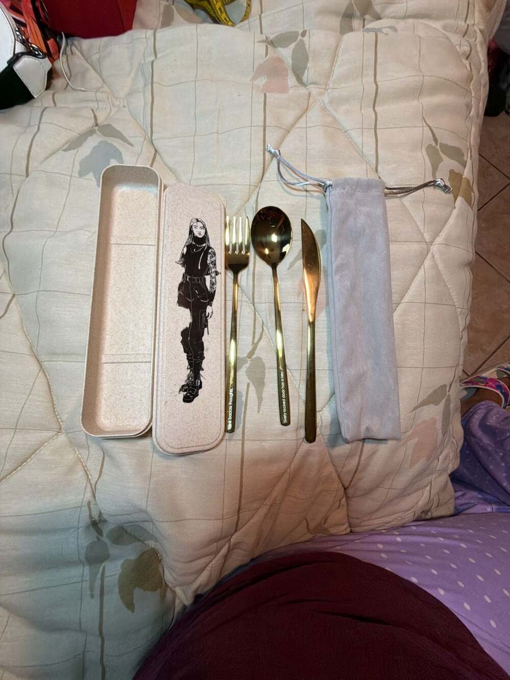 Portable Gold Tone Cutlery Set with Illustrated Case